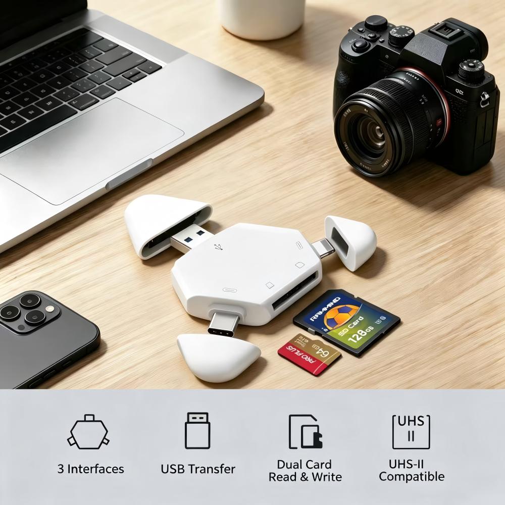 Laptop Accessories Distributor - 3-in-1 geheugenkaartlezer met magnetische driehoekige dop,